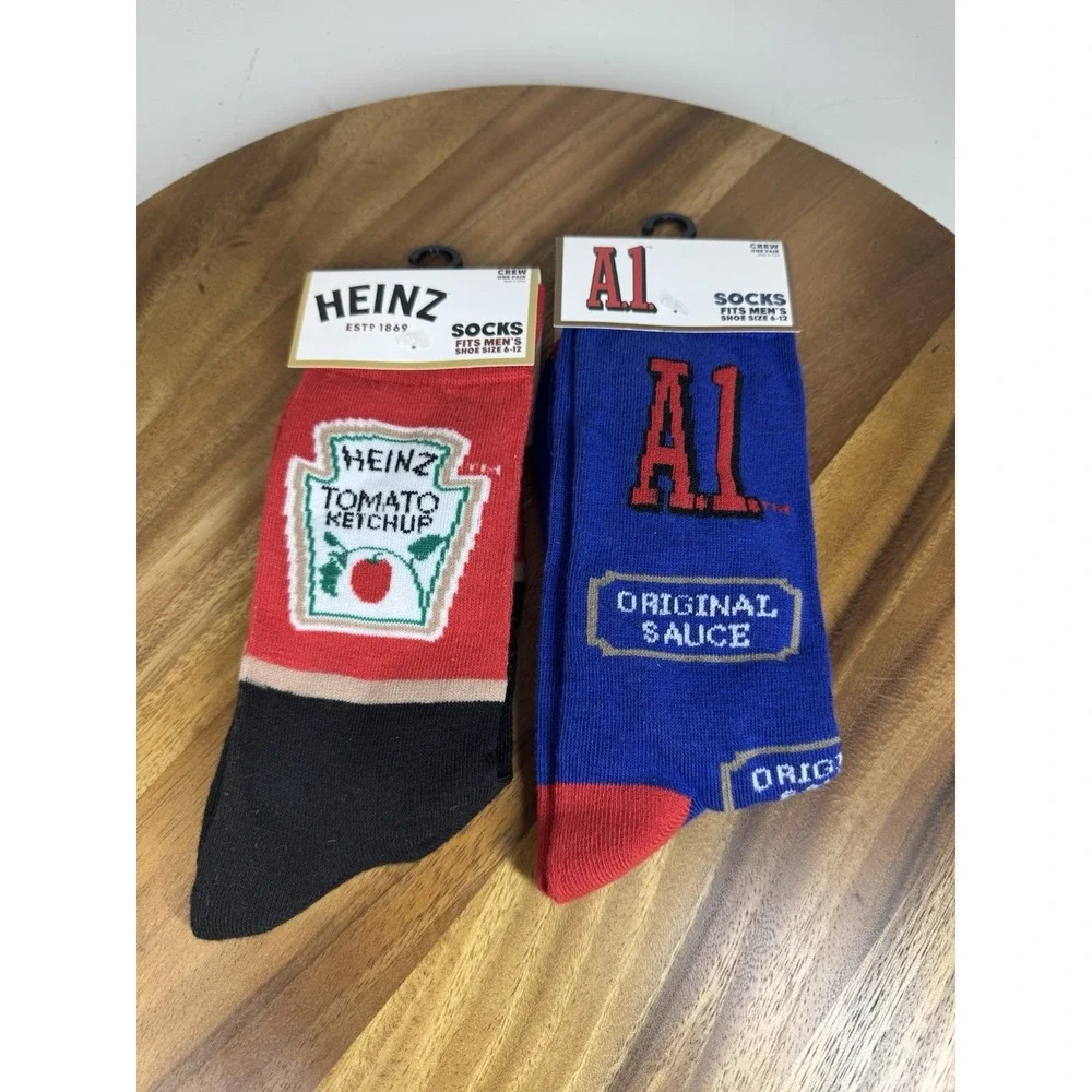 A1 STEAK SAUCE / HEINZ KETCHUP Mens Crew Socks 2‎ Pair Size 6-12 Blue multi NEW
